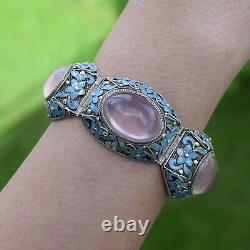 Antique Big Chinese filigree enamel rose quartz bracelet Sterling silver 47g