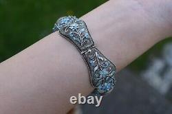 Antique Big Chinese filigree enamel rose quartz bracelet Sterling silver 47g