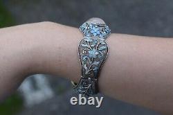 Antique Big Chinese filigree enamel rose quartz bracelet Sterling silver 47g