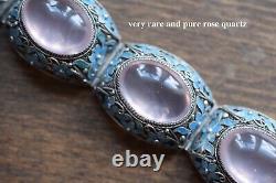 Antique Big Chinese filigree enamel rose quartz bracelet Sterling silver 47g