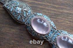 Antique Big Chinese filigree enamel rose quartz bracelet Sterling silver 47g