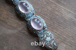 Antique Big Chinese filigree enamel rose quartz bracelet Sterling silver 47g