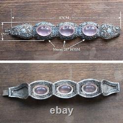 Antique Big Chinese filigree enamel rose quartz bracelet Sterling silver 47g