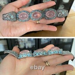 Antique Big Chinese filigree enamel rose quartz bracelet Sterling silver 47g