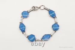 Antique Blue Enamel Flower Pattern Sterling Silver Bracelet
