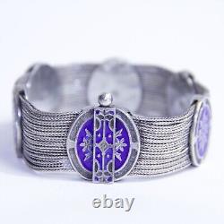 Antique Blue Enamel Multi Strand Chain Bracelet 900 Silver 7.25