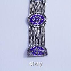 Antique Blue Enamel Multi Strand Chain Bracelet 900 Silver 7.25