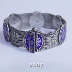 Antique Blue Enamel Multi Strand Chain Bracelet 900 Silver 7.25