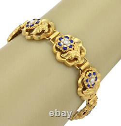 Antique Blue Enamel & Seed Pearl Rose 14k Yellow Gold Link Bracelet