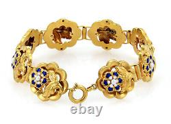 Antique Blue Enamel & Seed Pearl Rose 14k Yellow Gold Link Bracelet