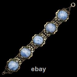 Antique Bracelet Blue Swirl Czech Glass Art Nouveau Deco Flower Gold Tone Vtg