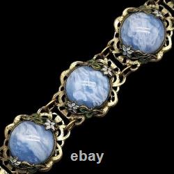 Antique Bracelet Blue Swirl Czech Glass Art Nouveau Deco Flower Gold Tone Vtg