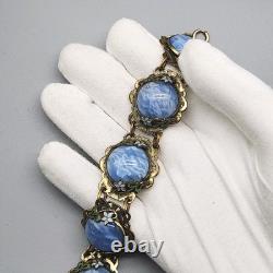 Antique Bracelet Blue Swirl Czech Glass Art Nouveau Deco Flower Gold Tone Vtg