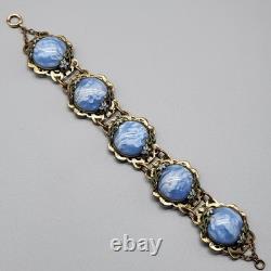 Antique Bracelet Blue Swirl Czech Glass Art Nouveau Deco Flower Gold Tone Vtg