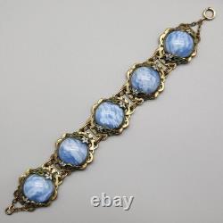 Antique Bracelet Blue Swirl Czech Glass Art Nouveau Deco Flower Gold Tone Vtg