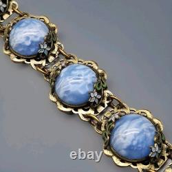 Antique Bracelet Blue Swirl Czech Glass Art Nouveau Deco Flower Gold Tone Vtg