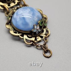 Antique Bracelet Blue Swirl Czech Glass Art Nouveau Deco Flower Gold Tone Vtg