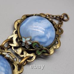 Antique Bracelet Blue Swirl Czech Glass Art Nouveau Deco Flower Gold Tone Vtg