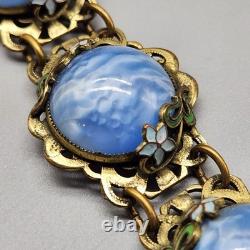 Antique Bracelet Blue Swirl Czech Glass Art Nouveau Deco Flower Gold Tone Vtg
