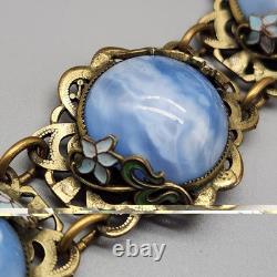 Antique Bracelet Blue Swirl Czech Glass Art Nouveau Deco Flower Gold Tone Vtg