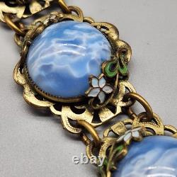 Antique Bracelet Blue Swirl Czech Glass Art Nouveau Deco Flower Gold Tone Vtg