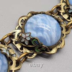Antique Bracelet Blue Swirl Czech Glass Art Nouveau Deco Flower Gold Tone Vtg