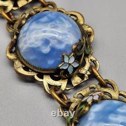 Antique Bracelet Blue Swirl Czech Glass Art Nouveau Deco Flower Gold Tone Vtg