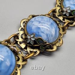 Antique Bracelet Blue Swirl Czech Glass Art Nouveau Deco Flower Gold Tone Vtg