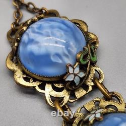 Antique Bracelet Blue Swirl Czech Glass Art Nouveau Deco Flower Gold Tone Vtg