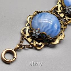 Antique Bracelet Blue Swirl Czech Glass Art Nouveau Deco Flower Gold Tone Vtg