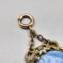 Antique Bracelet Blue Swirl Czech Glass Art Nouveau Deco Flower Gold Tone Vtg