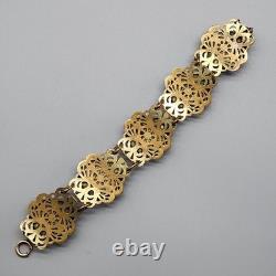 Antique Bracelet Blue Swirl Czech Glass Art Nouveau Deco Flower Gold Tone Vtg