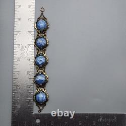 Antique Bracelet Blue Swirl Czech Glass Art Nouveau Deco Flower Gold Tone Vtg