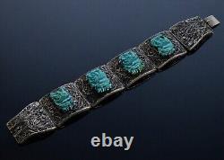 Antique Chinese Carved Turquoise Enamel Silver Bracelet C. 1890