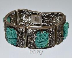 Antique Chinese Carved Turquoise Enamel Silver Bracelet C. 1890