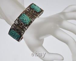 Antique Chinese Carved Turquoise Enamel Silver Bracelet C. 1890