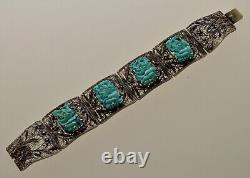 Antique Chinese Carved Turquoise Enamel Silver Bracelet C. 1890