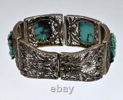 Antique Chinese Carved Turquoise Enamel Silver Bracelet C. 1890