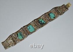 Antique Chinese Carved Turquoise Enamel Silver Bracelet C. 1890