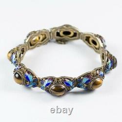 Antique Chinese Export Silver Filigree Bracelet Enamel Butterflies & Tiger's Eye