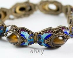 Antique Chinese Export Silver Filigree Bracelet Enamel Butterflies & Tiger's Eye