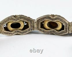 Antique Chinese Export Silver Filigree Bracelet Enamel Butterflies & Tiger's Eye