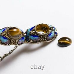 Antique Chinese Export Silver Filigree Bracelet Enamel Butterflies & Tiger's Eye