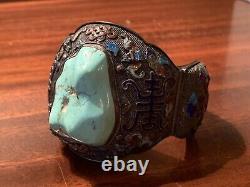 Antique Chinese Export Silver Filigree Enamel Lg Turquoise Stone Cuff Bracelet