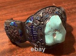 Antique Chinese Export Silver Filigree Enamel Lg Turquoise Stone Cuff Bracelet