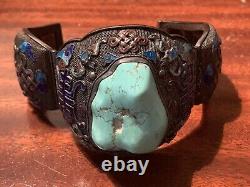 Antique Chinese Export Silver Filigree Enamel Lg Turquoise Stone Cuff Bracelet