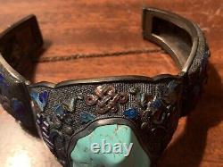 Antique Chinese Export Silver Filigree Enamel Lg Turquoise Stone Cuff Bracelet