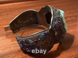 Antique Chinese Export Silver Filigree Enamel Lg Turquoise Stone Cuff Bracelet