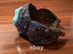 Antique Chinese Export Silver Filigree Enamel Lg Turquoise Stone Cuff Bracelet