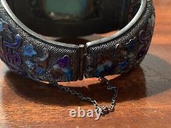 Antique Chinese Export Silver Filigree Enamel Lg Turquoise Stone Cuff Bracelet